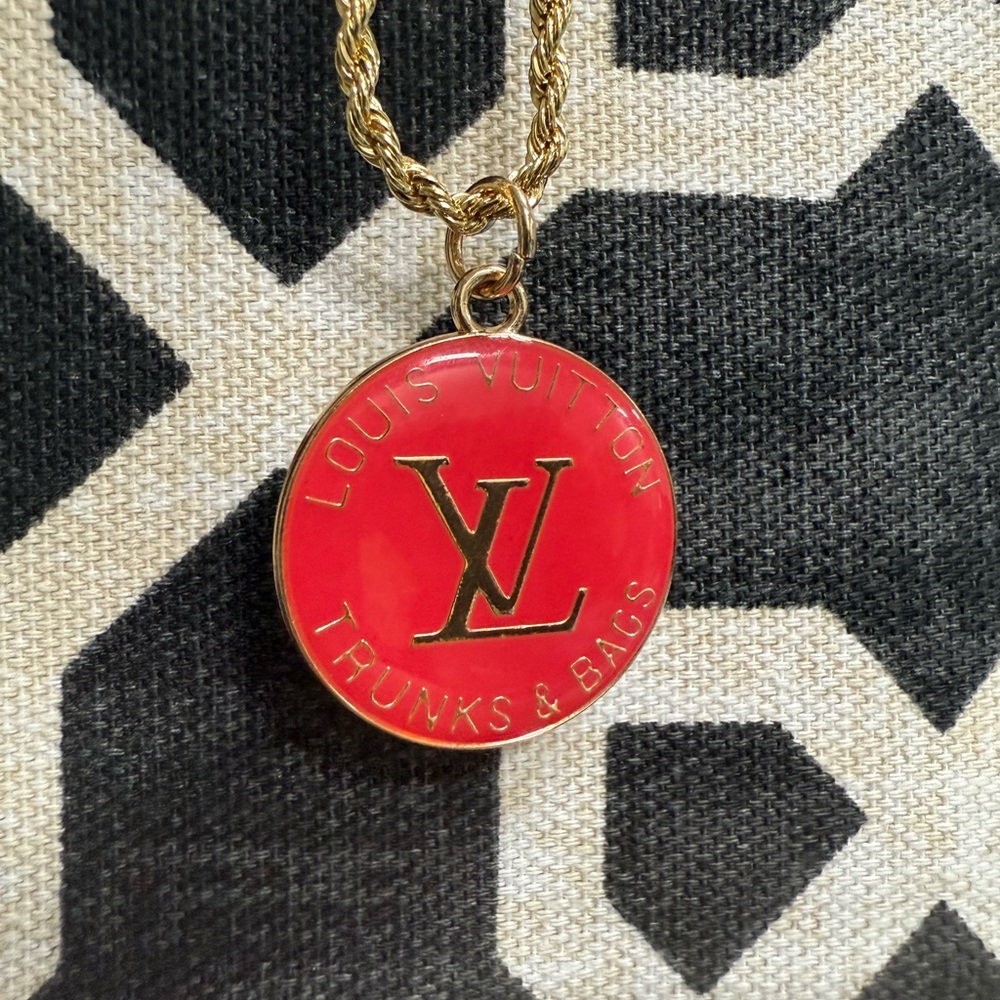 LV Red pendant Necklace 18in gold plated chain